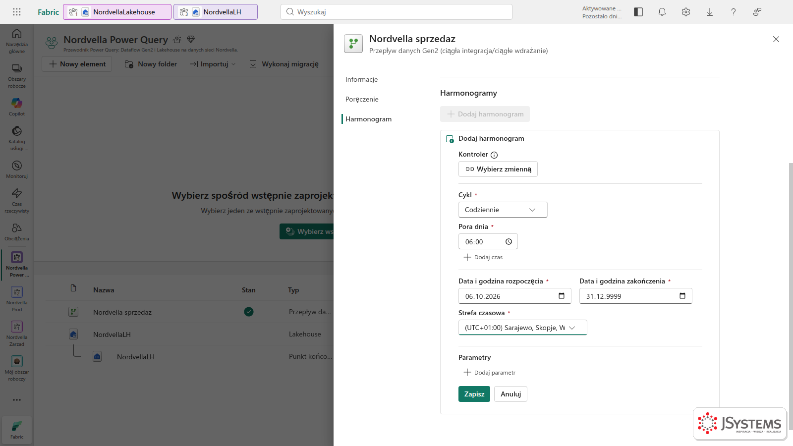 Formularz harmonogramu odświeżania przepływu Dataflow Gen2 w Microsoft Fabric: codziennie o 6:00, strefa czasowa Warszawa