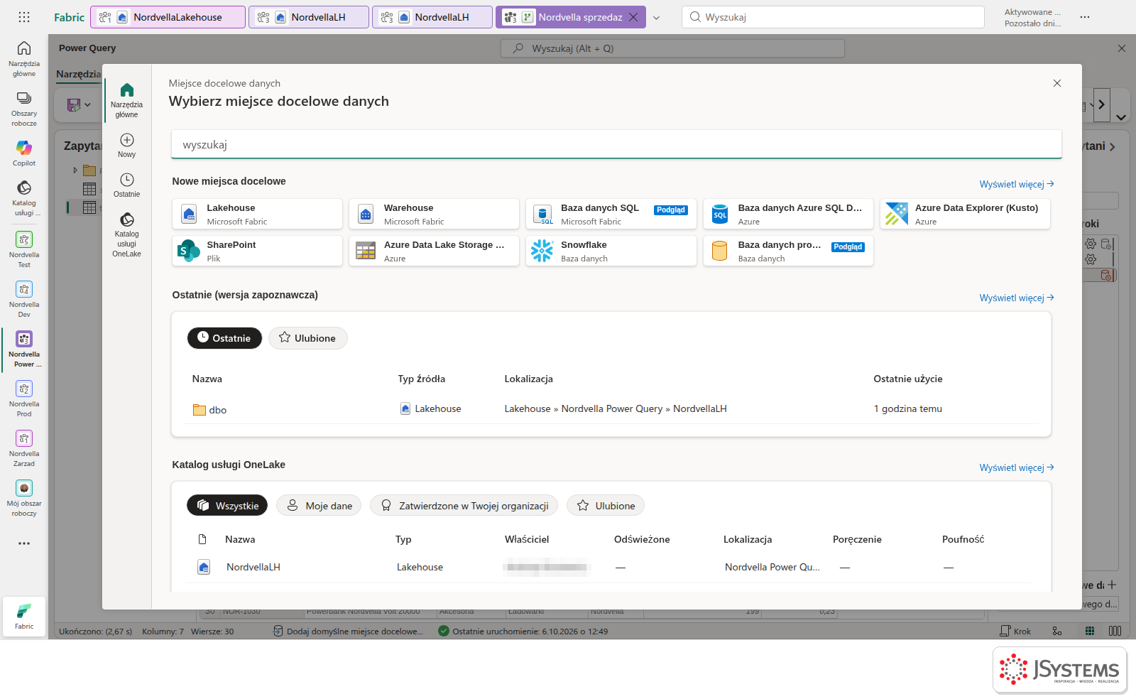 Pełna lista miejsc docelowych danych w Dataflow Gen2: Lakehouse, Warehouse, Baza danych SQL, Azure SQL Database, Azure Data Explorer, SharePoint, Azure Data Lake Storage Gen2, Snowflake, PostgreSQL