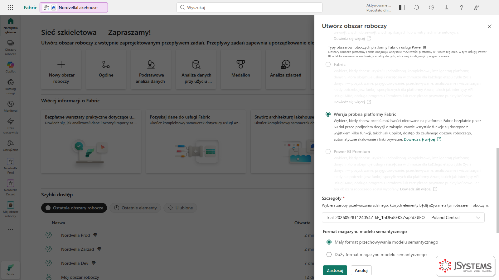 Tworzenie obszaru roboczego w Microsoft Fabric z wybraną opcją Wersja próbna platformy Fabric na 60 dni