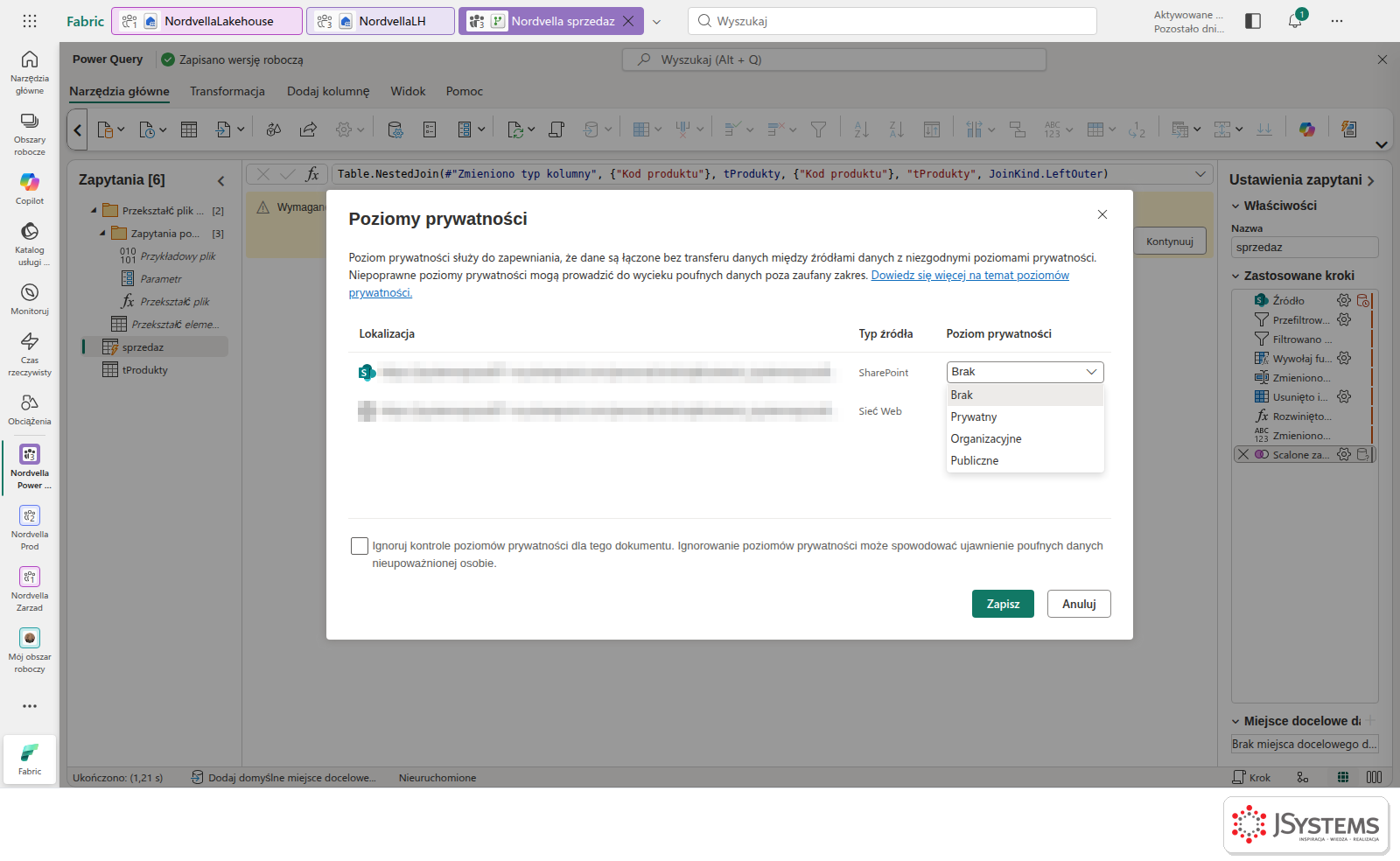 Okno Poziomy prywatności w Dataflow Gen2 z listą poziomów Brak, Prywatny, Organizacyjne i Publiczne dla źródeł SharePoint i Sieć Web