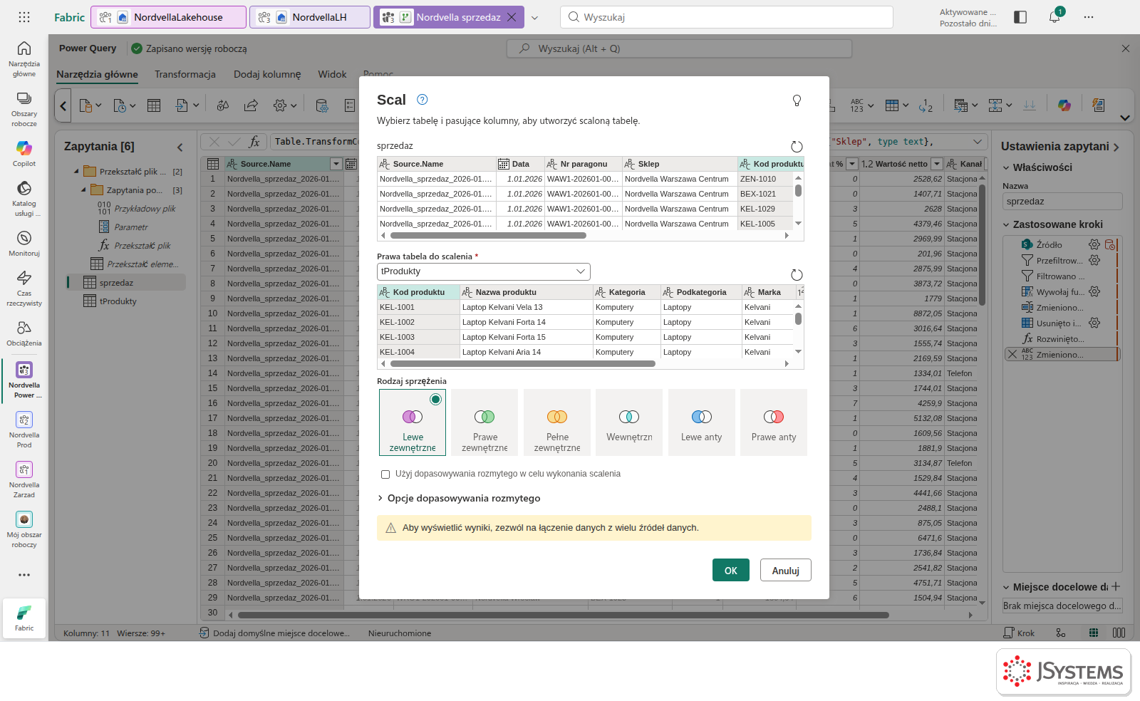 Okno Scal w Power Query Online: sprzedaż i tProdukty połączone po Kod produktu, rodzaje sprzężenia jako sześć kafelków