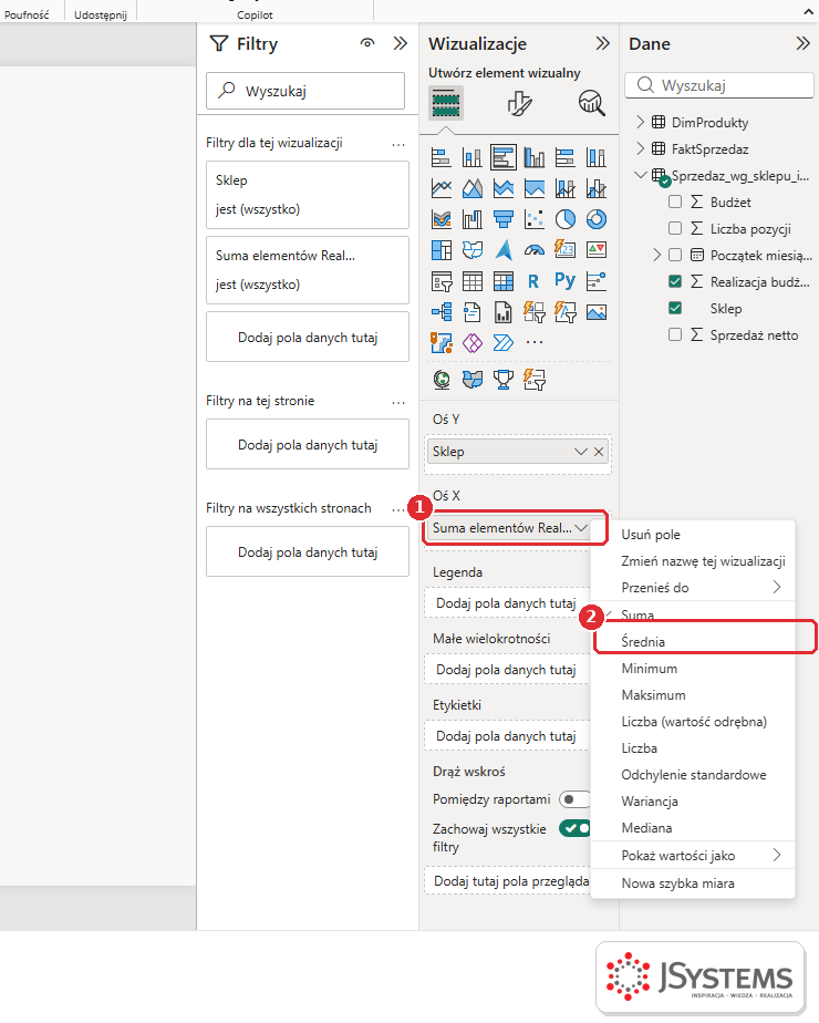 Menu agregacji pola w panelu Wizualizacje w Power BI Desktop: zmiana z Suma na Średnia dla kolumny Realizacja budżetu