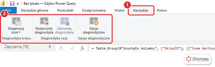 Karta Narzędzia w edytorze Power Query w Power BI Desktop z przyciskami Diagnozuj krok, Rozpocznij diagnostykę, Zatrzymaj diagnostykę i Opcje diagnostyczne
