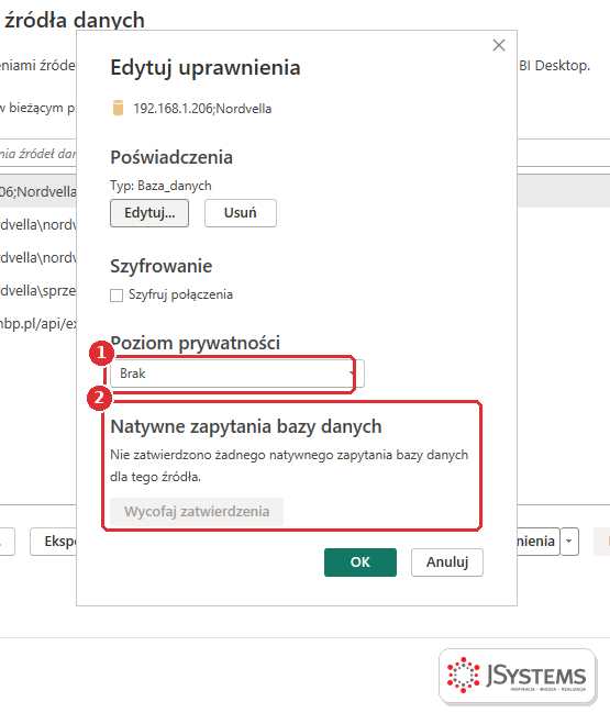 Okno Edytuj uprawnienia dla źródła SQL Server w Power BI Desktop: poświadczenia typu Baza_danych, szyfrowanie, poziom prywatności i natywne zapytania bazy danych
