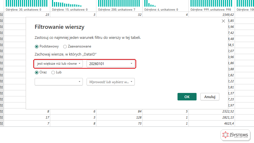 Okno Filtrowanie wierszy w Power BI Desktop: zachowaj wiersze, w których DataID jest większe niż lub równe 20260101