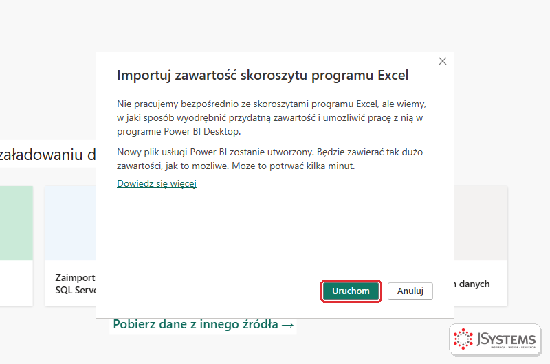 Okno Importuj zawartość skoroszytu programu Excel w Power BI Desktop z przyciskiem Uruchom