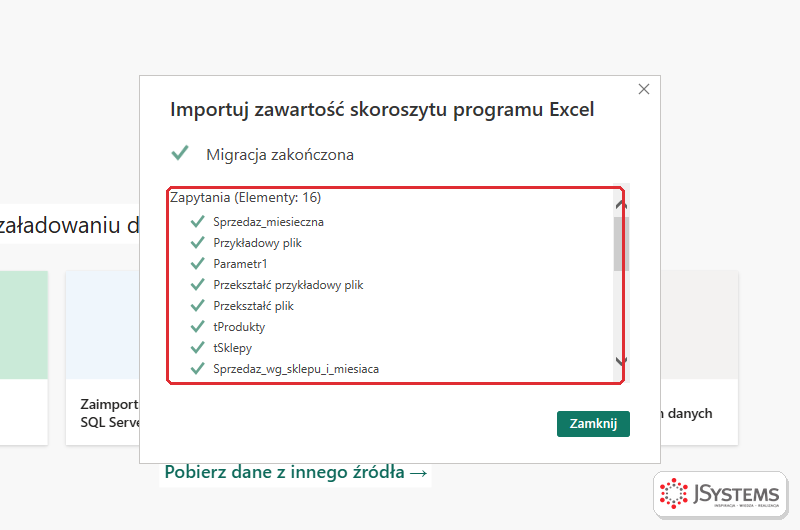Podsumowanie importu skoroszytu Excela w Power BI Desktop: Migracja zakończona, Zapytania (Elementy: 16)