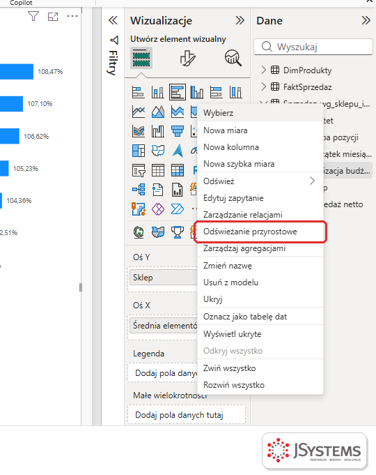 Menu kontekstowe tabeli w panelu Dane w Power BI Desktop z pozycją Odświeżanie przyrostowe