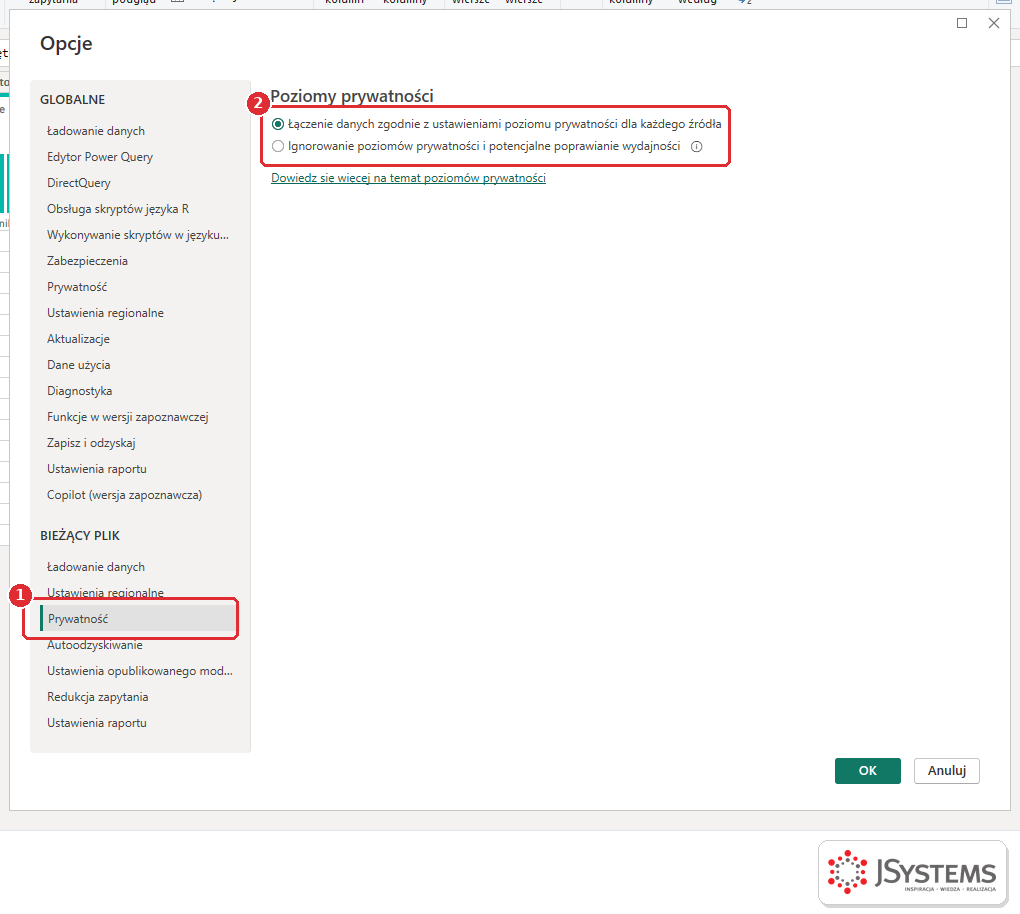 Okno Opcje w Power BI Desktop: Bieżący plik, Prywatność, poziomy prywatności łączenie danych zgodnie z ustawieniami albo ignorowanie poziomów prywatności