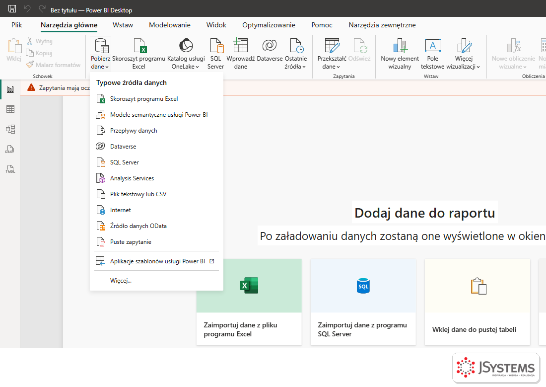 Menu Pobierz dane w Power BI Desktop z typowymi źródłami: Skoroszyt programu Excel, przepływy danych, Dataverse, SQL Server, plik tekstowy lub CSV, Internet