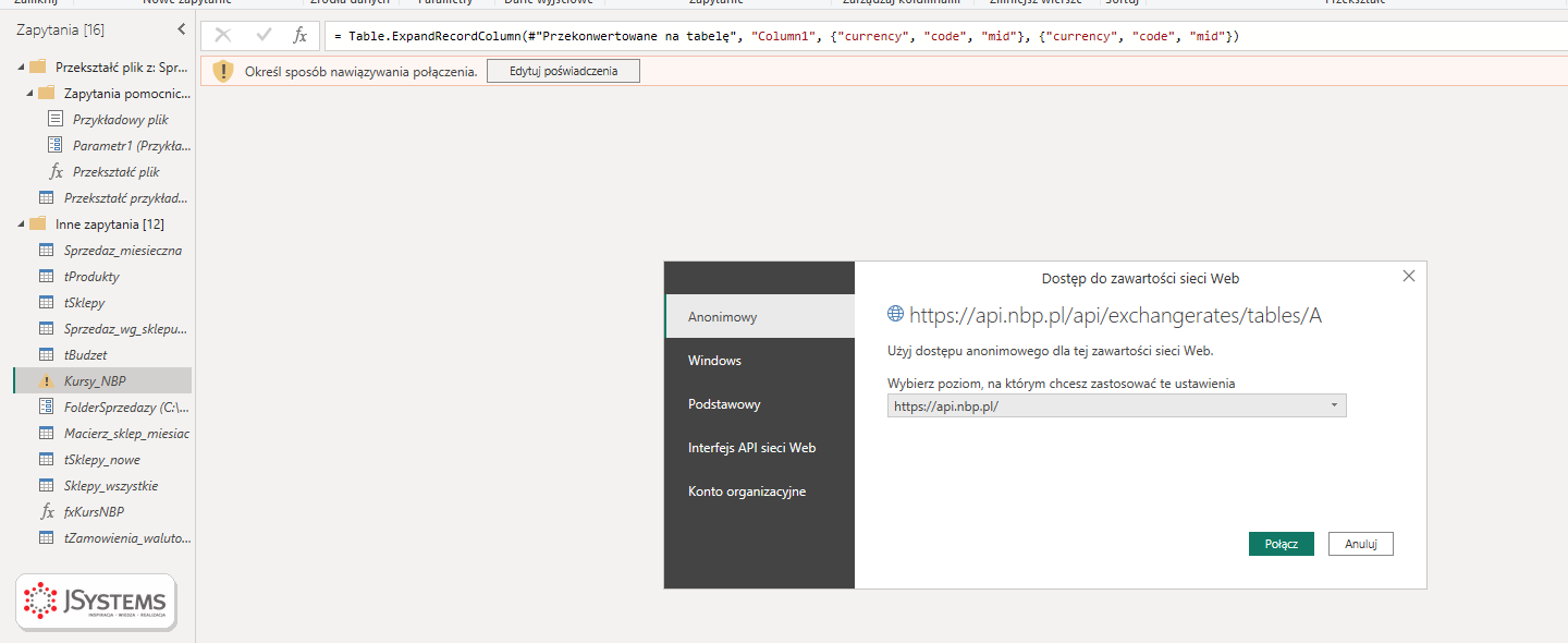 Okno Dostęp do zawartości sieci Web w Power BI Desktop dla API NBP z wybranym dostępem anonimowym