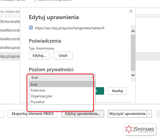 Rozwinięta lista poziomów prywatności w Power BI Desktop: Brak, Publiczne, Organizacyjne, Prywatne dla źródła API NBP