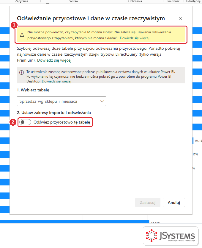 Okno Odświeżanie przyrostowe w Power BI Desktop z ostrzeżeniem Nie można potwierdzić, czy zapytanie M można złożyć