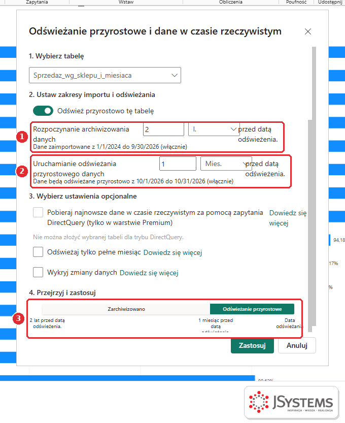 Zakresy odświeżania przyrostowego w Power BI Desktop: archiwum 2 lata, odświeżanie 1 miesiąc przed datą odświeżenia i oś czasu Zarchiwizowano oraz Odświeżanie przyrostowe