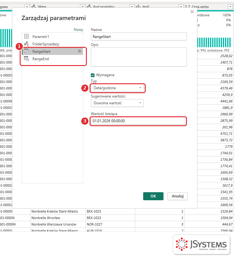 Okno Zarządzaj parametrami w Power Query w Power BI Desktop z parametrami RangeStart i RangeEnd typu Data/godzina do odświeżania przyrostowego