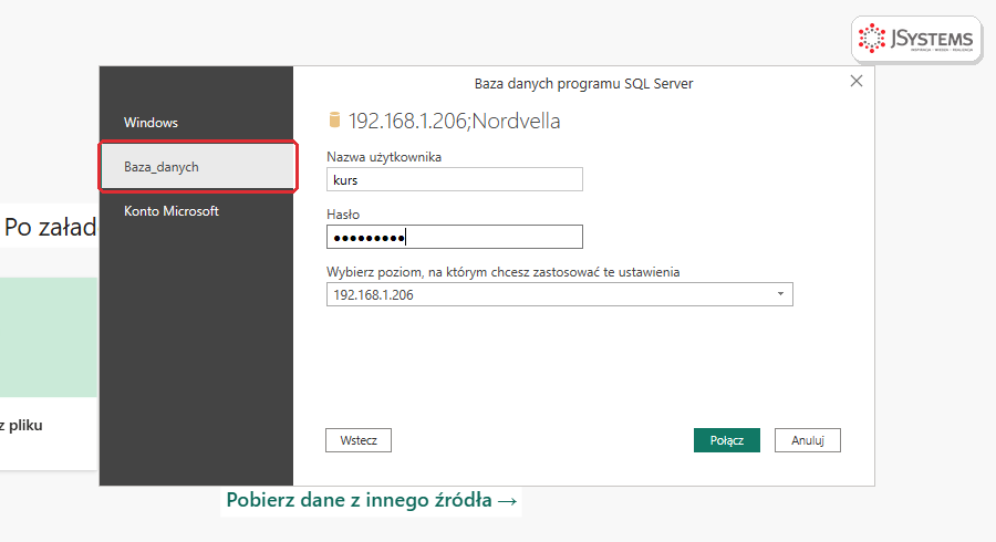 Okno poświadczeń bazy danych SQL Server w Power BI Desktop z kartami Windows, Baza_danych i Konto Microsoft oraz loginem kurs