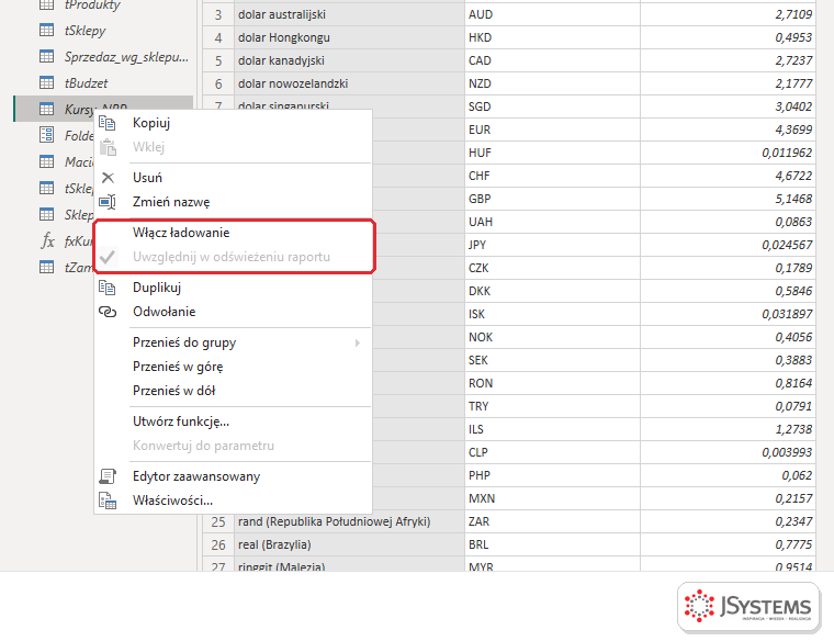 Menu kontekstowe zapytania w edytorze Power Query w Power BI z opcjami Włącz ładowanie i Uwzględnij w odświeżeniu raportu