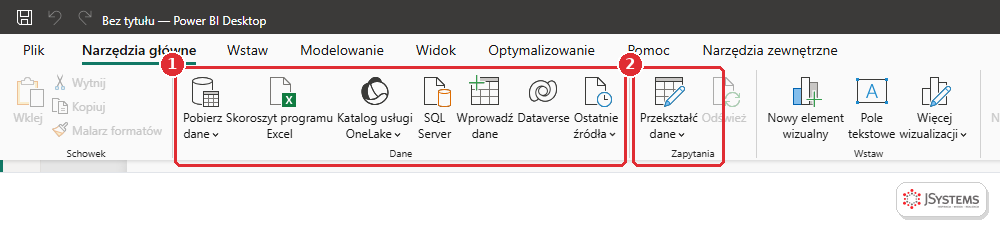 Wstążka Narzędzia główne w Power BI Desktop z przyciskami Pobierz dane, Skoroszyt programu Excel, SQL Server, Wprowadź dane i Przekształć dane