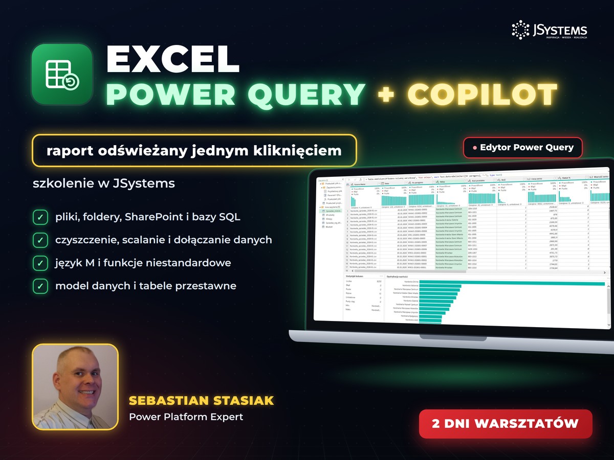 Baner szkolenia Microsoft Excel - Power Query w JSystems z edytorem Power Query na ekranie laptopa