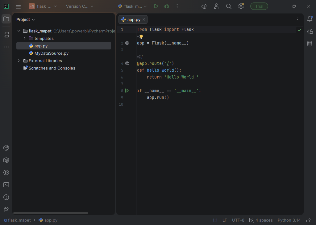 Kod w edytorze PyCharm 2025.3 (interpreter Python 3.14)