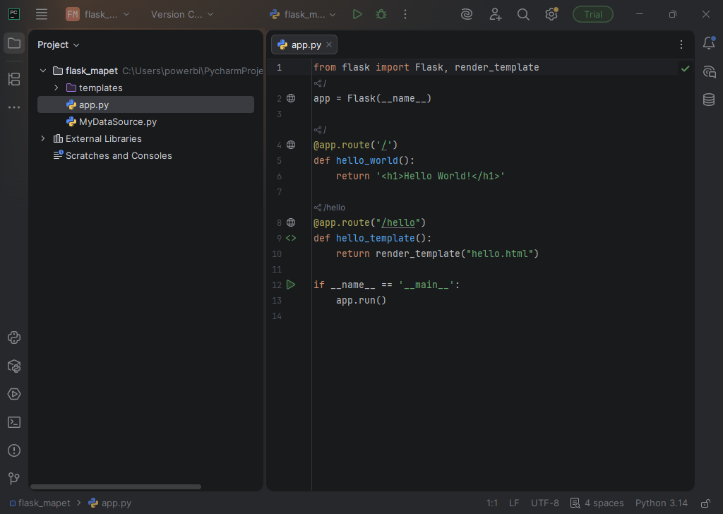 Kod w edytorze PyCharm 2025.3 (interpreter Python 3.14)