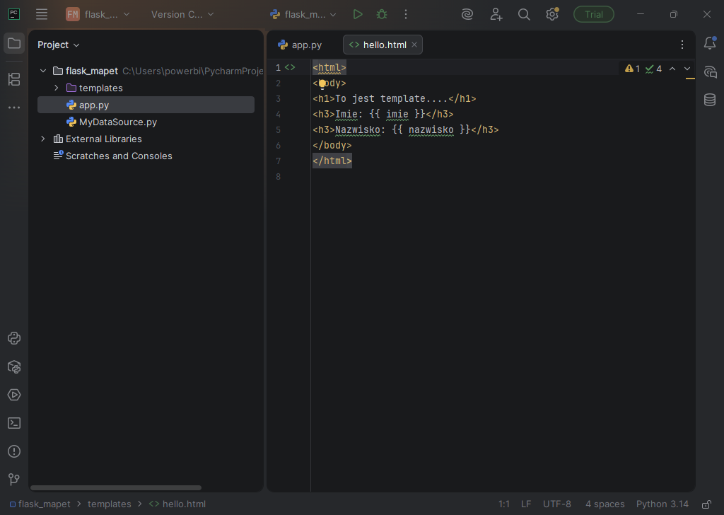 Kod w edytorze PyCharm 2025.3 (interpreter Python 3.14)