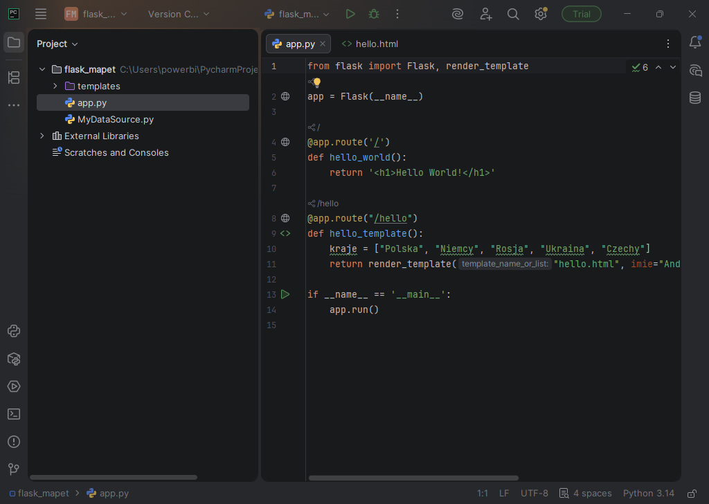 Kod w edytorze PyCharm 2025.3 (interpreter Python 3.14)