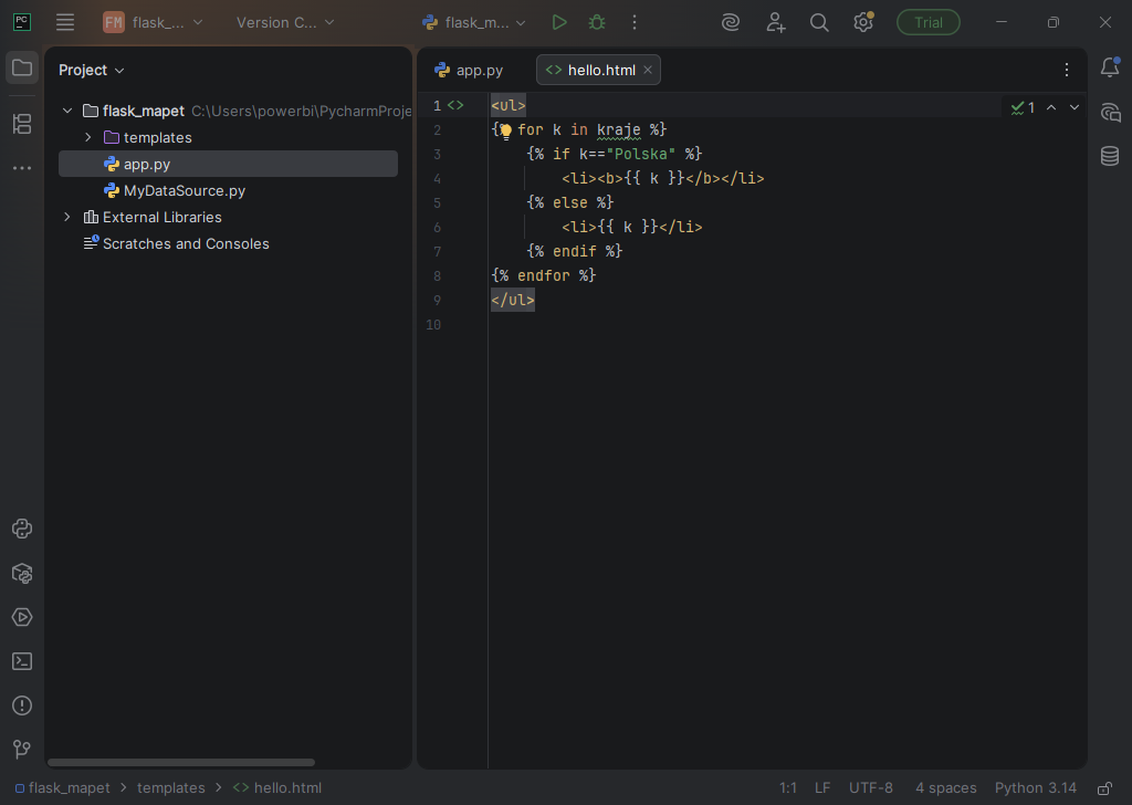 Kod w edytorze PyCharm 2025.3 (interpreter Python 3.14)