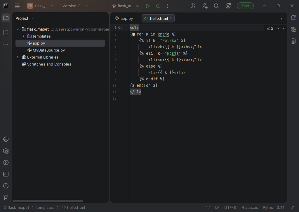 Kod w edytorze PyCharm 2025.3 (interpreter Python 3.14)