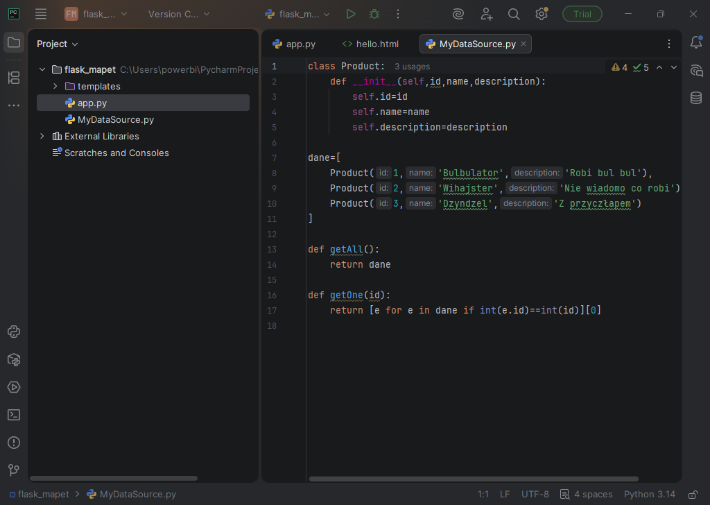 Kod w edytorze PyCharm 2025.3 (interpreter Python 3.14)