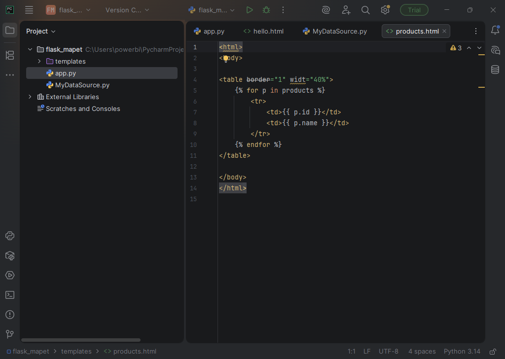 Kod w edytorze PyCharm 2025.3 (interpreter Python 3.14)