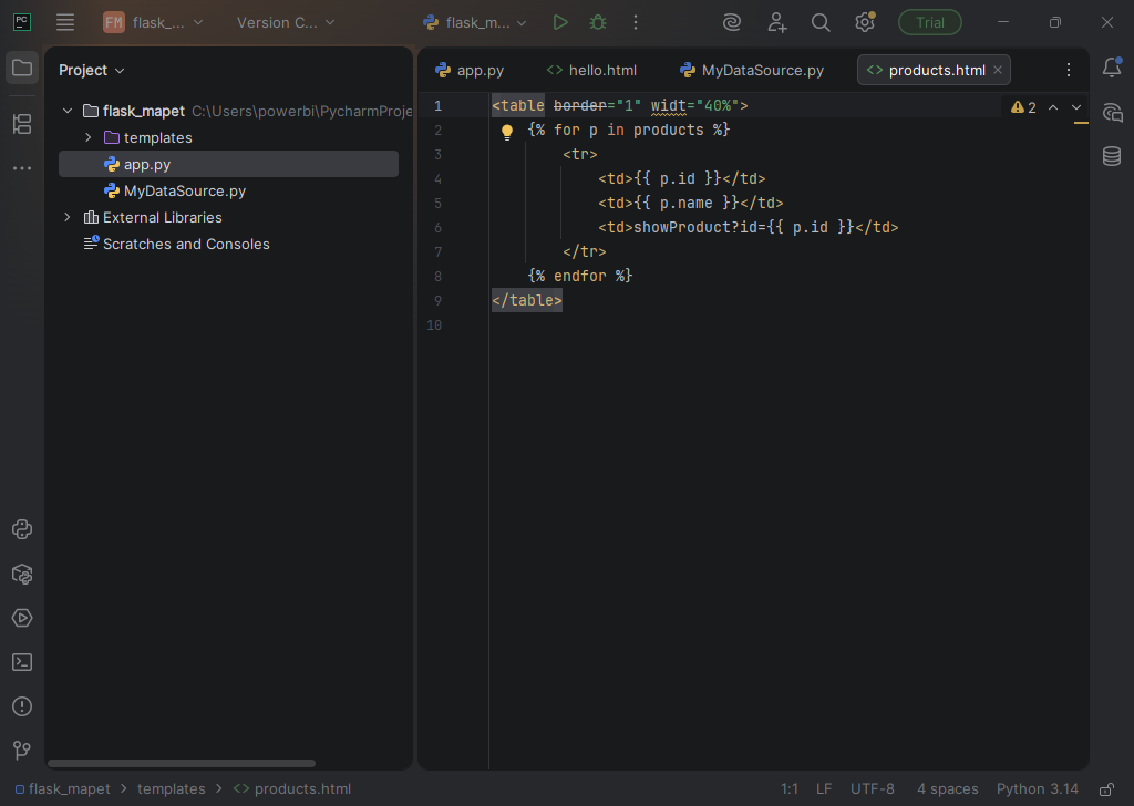 Kod w edytorze PyCharm 2025.3 (interpreter Python 3.14)