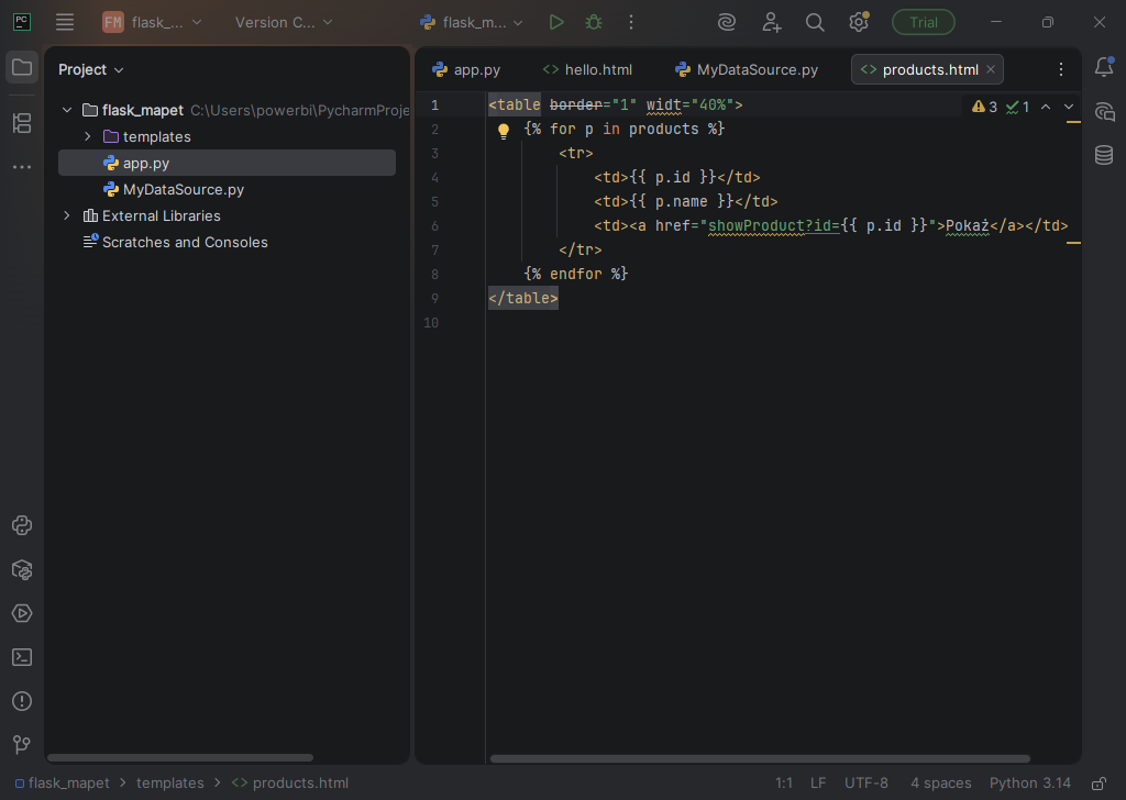 Kod w edytorze PyCharm 2025.3 (interpreter Python 3.14)