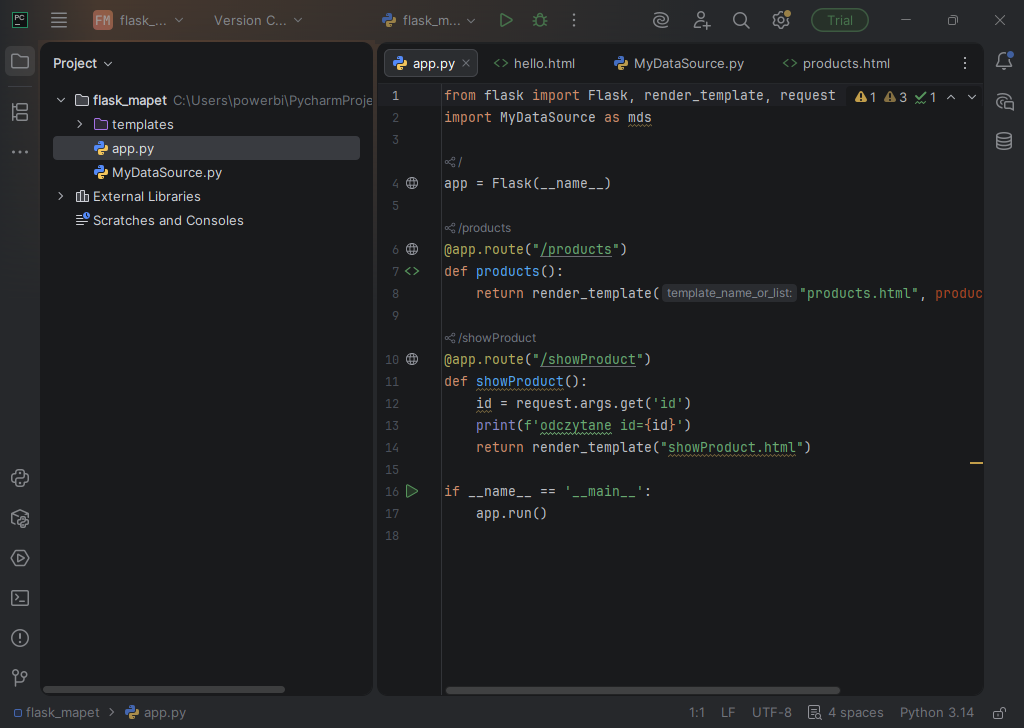 Kod w edytorze PyCharm 2025.3 (interpreter Python 3.14)