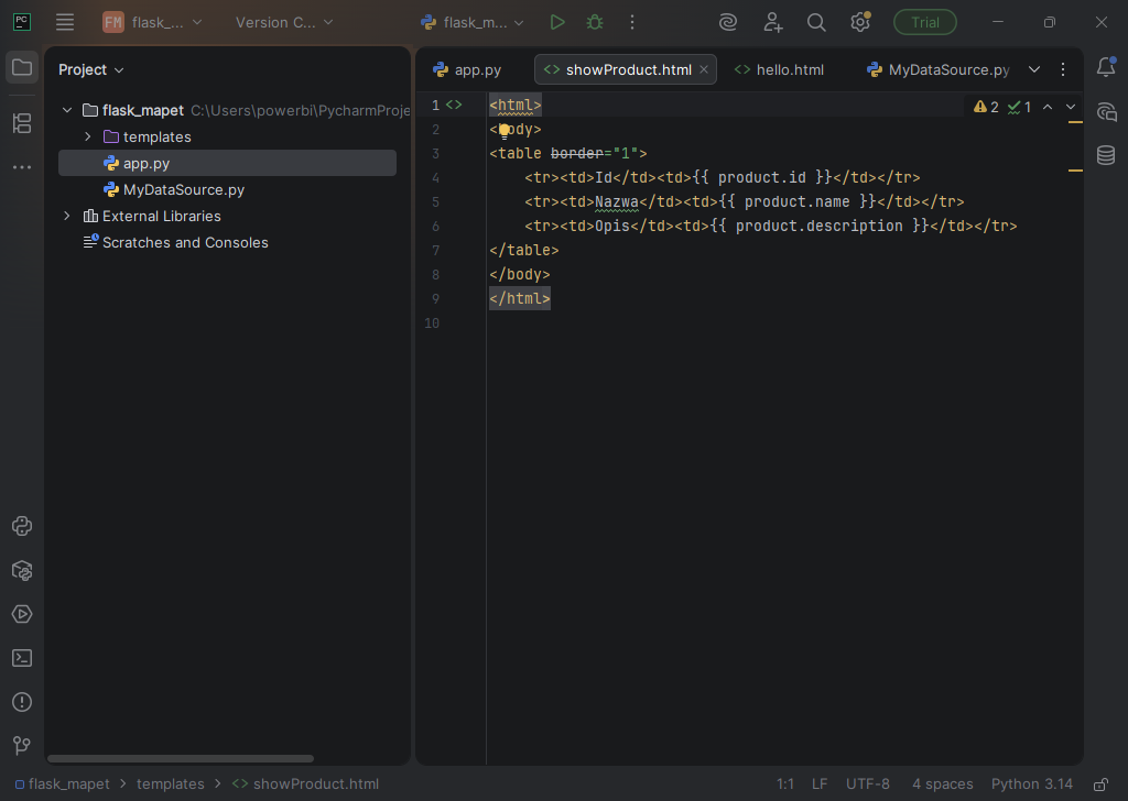 Kod w edytorze PyCharm 2025.3 (interpreter Python 3.14)