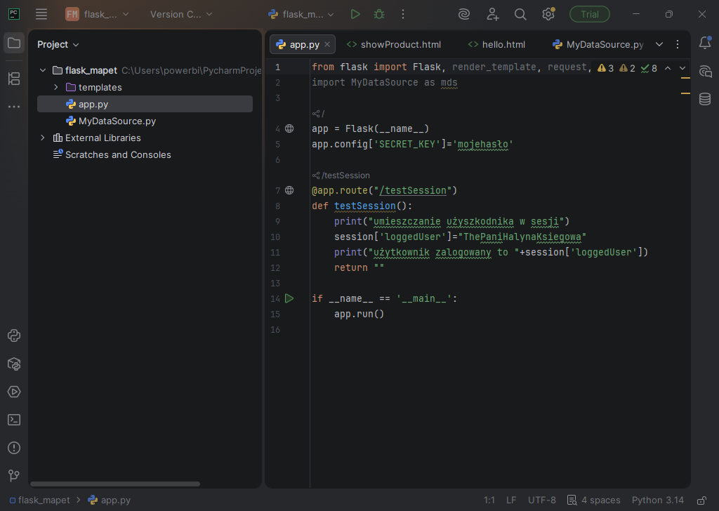 Kod w edytorze PyCharm 2025.3 (interpreter Python 3.14)