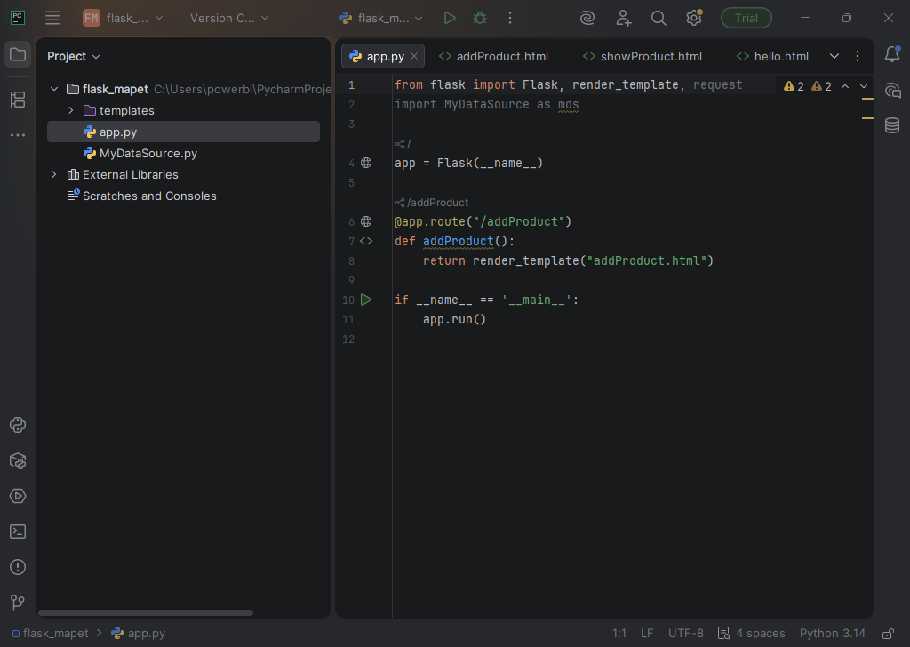 Kod w edytorze PyCharm 2025.3 (interpreter Python 3.14)