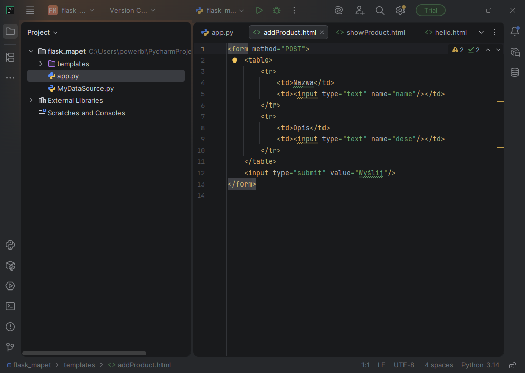 Kod w edytorze PyCharm 2025.3 (interpreter Python 3.14)
