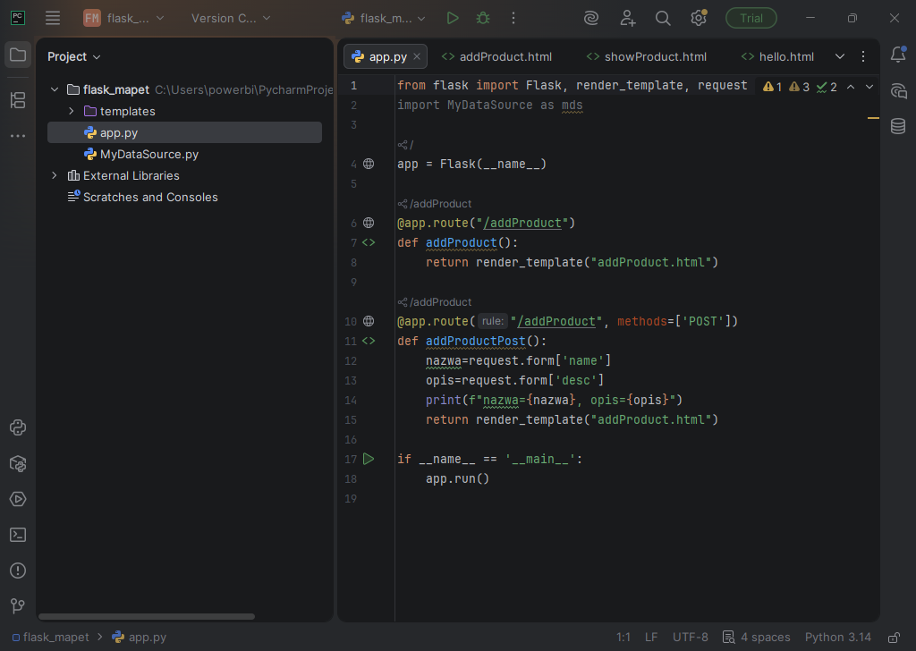 Kod w edytorze PyCharm 2025.3 (interpreter Python 3.14)