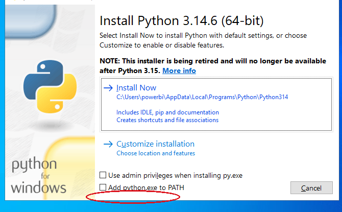 Instalator Pythona 3.14.6 - zaznacz Add python.exe to PATH