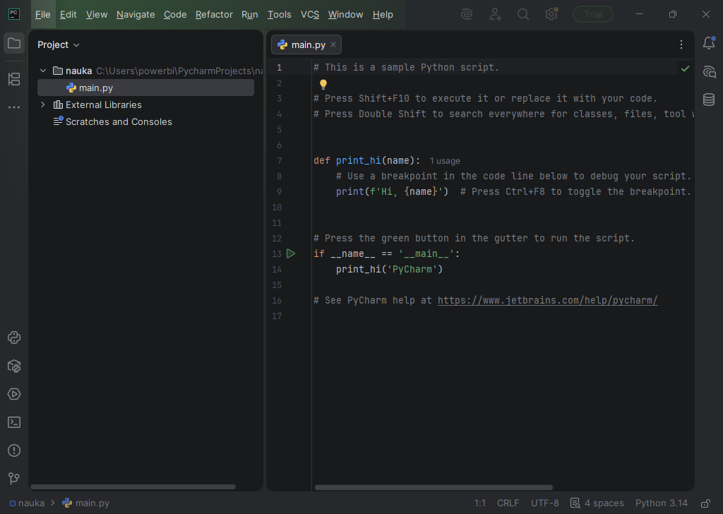 Edytor PyCharm z plikiem main.py i interpreterem Python 3.14