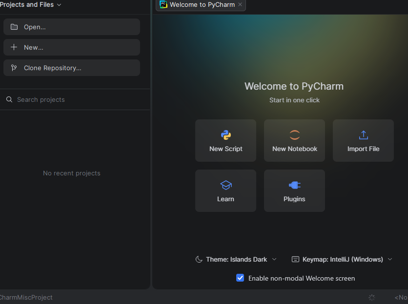 Ekran powitalny PyCharm 2025.3