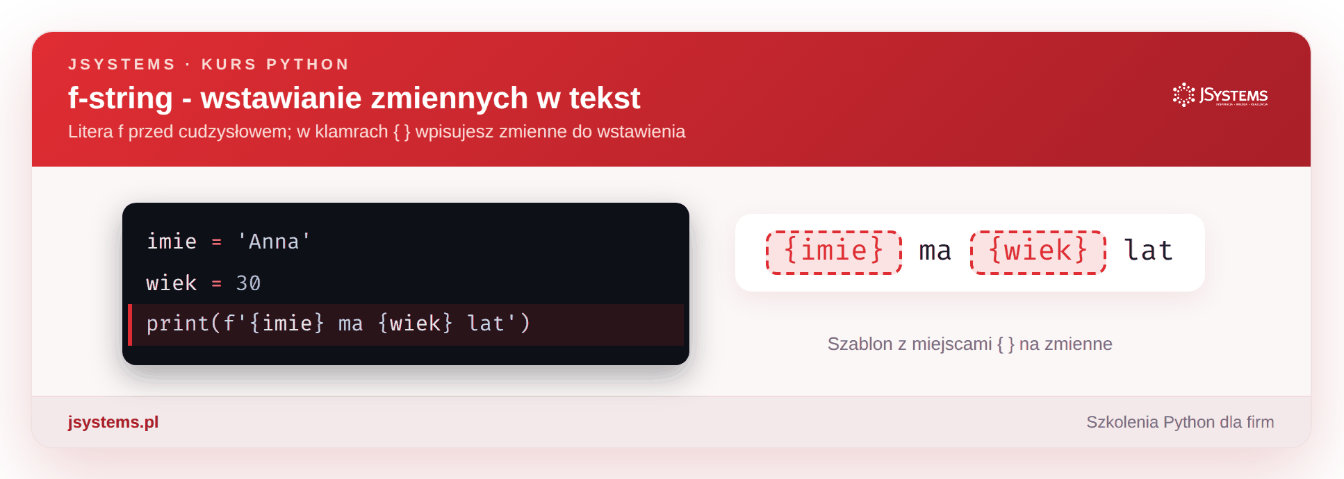 Animacja f-string - wstawianie zmiennych do tekstu