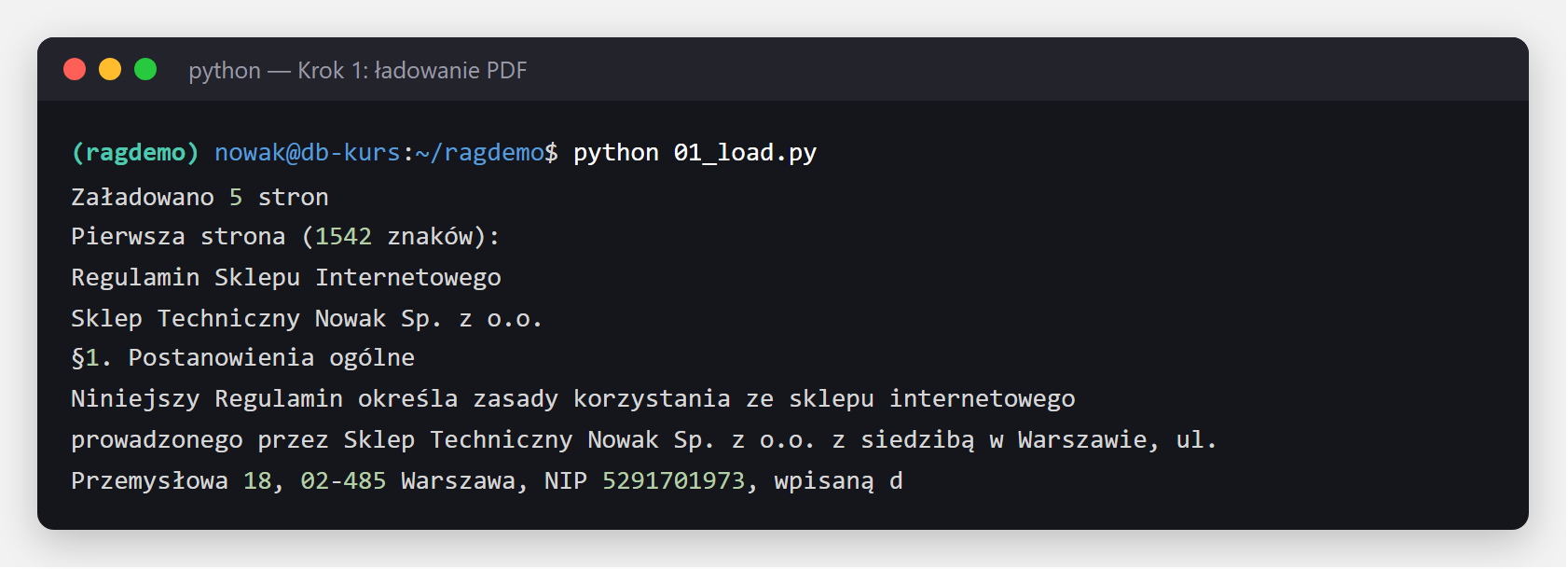 Wynik kroku 1 - PyPDFLoader zaladowal 5 stron PDF regulaminu