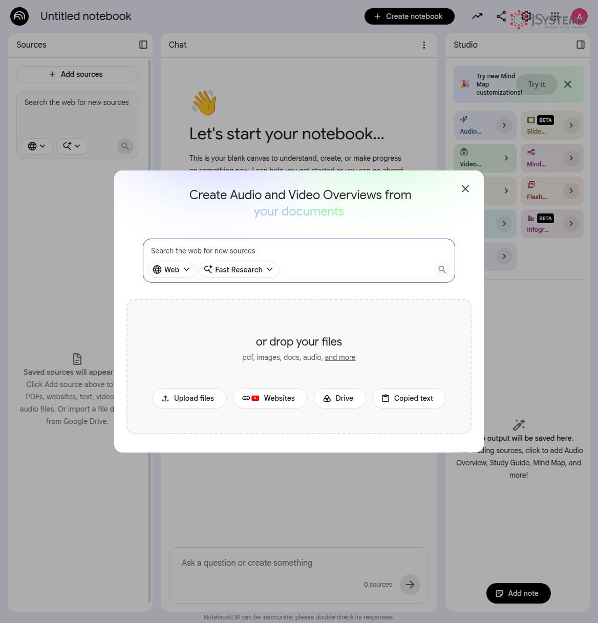 Okno dodawania źródeł w NotebookLM — opcje: pliki, strony www, Dysk Google