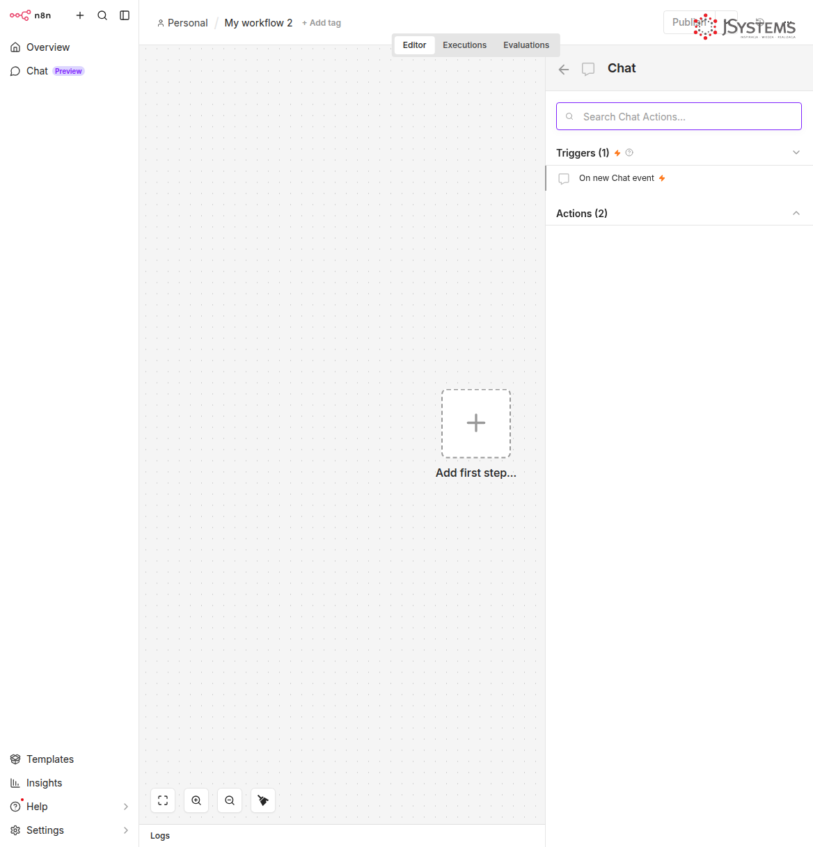 Panel wyboru węzłów Chat w n8n — sekcja Triggers z opcją On new Chat event