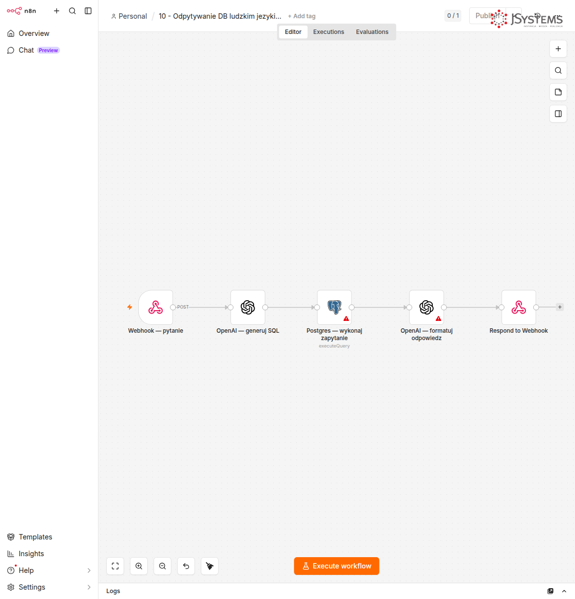 Workflow n8n łączący AI Agent z bazą danych