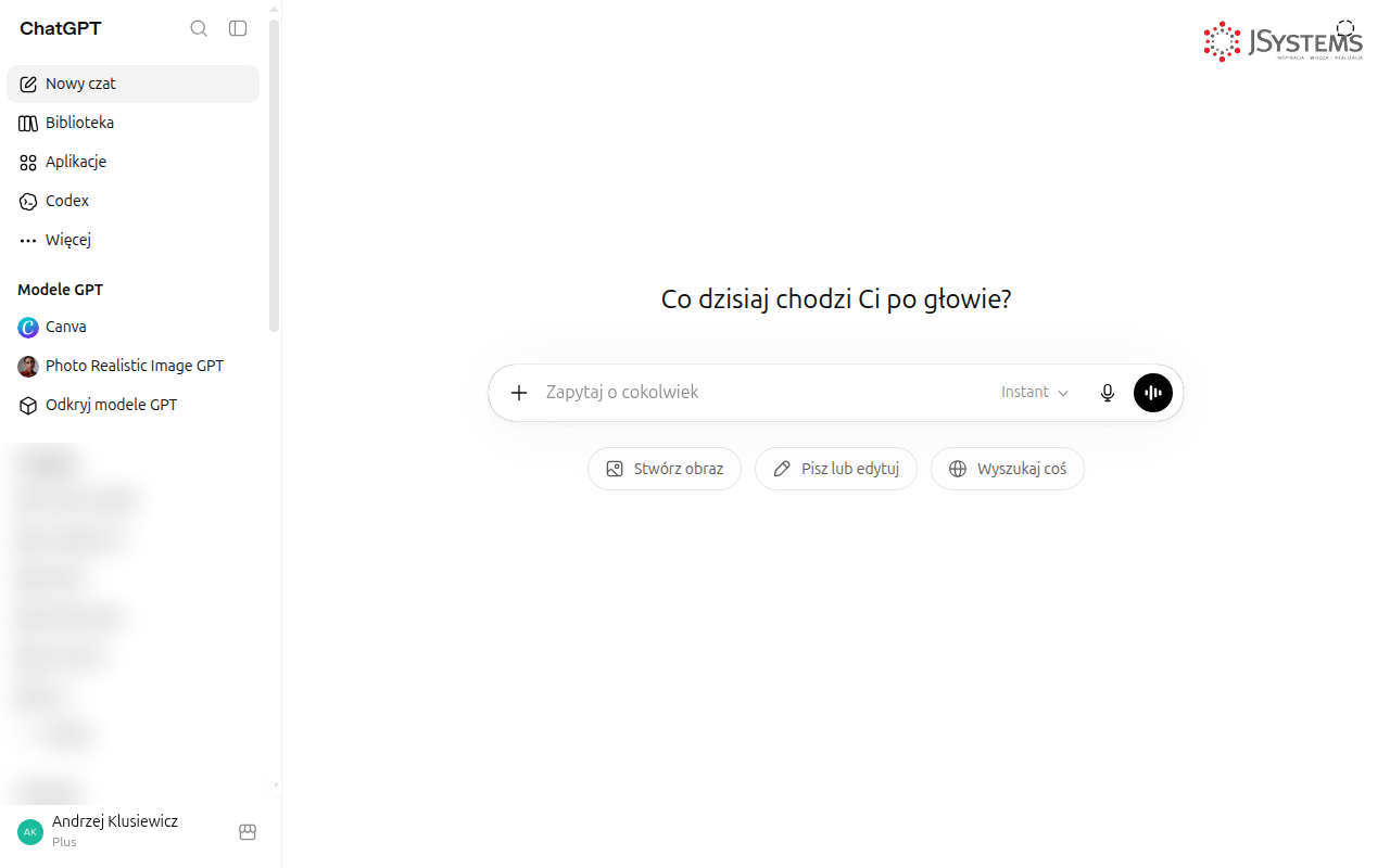 ChatGPT — ekran startowy po zalogowaniu z kontem Plus