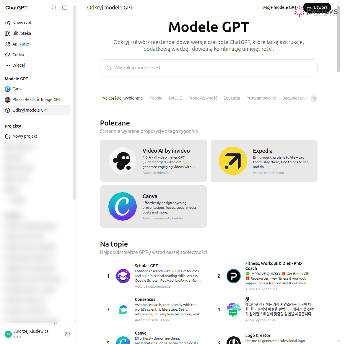 ChatGPT — strona Modele GPT z przyciskami Moje modele GPT i + Utwórz