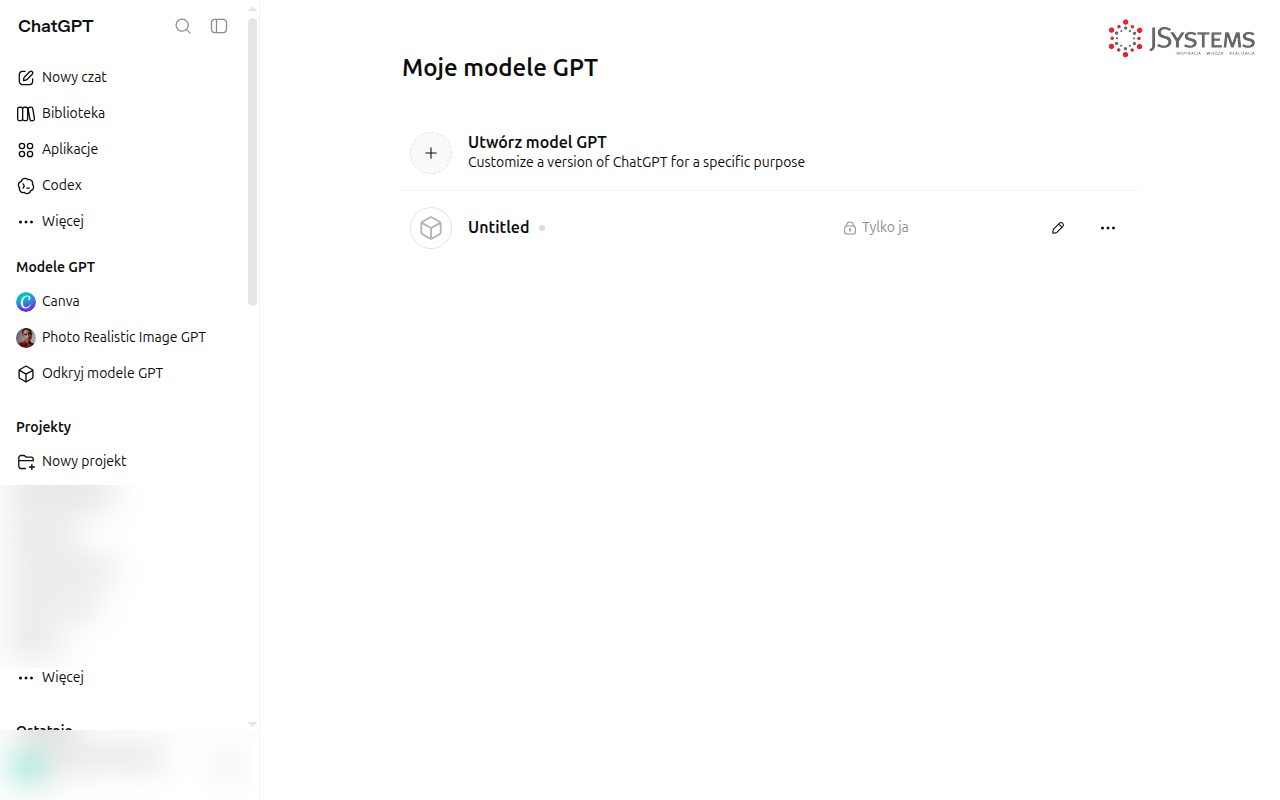 ChatGPT — strona Moje modele GPT z przyciskiem Utwórz model GPT